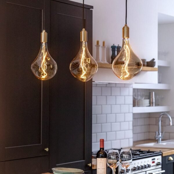 Linear Triple Pendant Canopy with Brass Fittings and 3 Voronoi II Bulbs